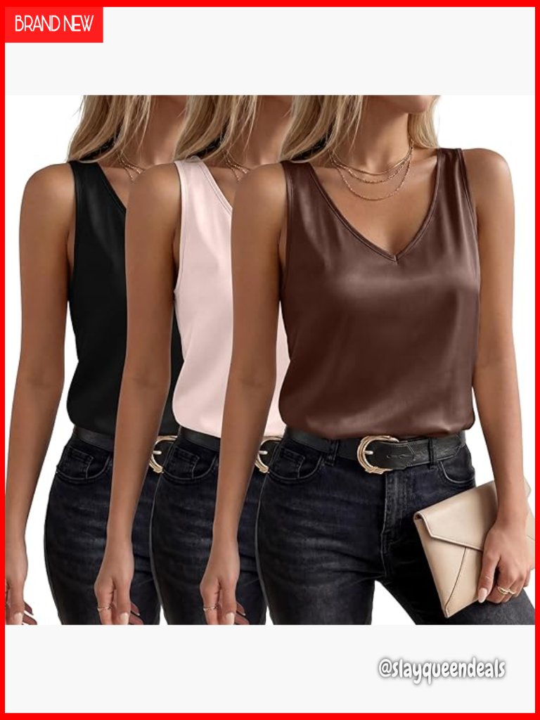 3 Pack Silk Satin Tank Tops, Sleeveless V Neck Camisole Loose Fit